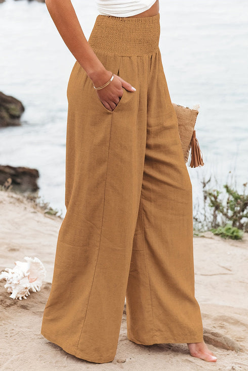 Smocked Wide Waistband High Waist Wide Leg Pants